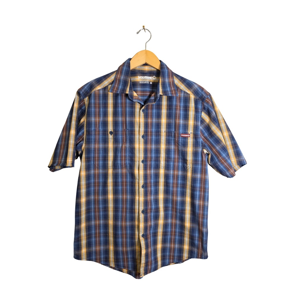 Wolverine‎ Men's Plaid Short Sleeve Button Down Shirt Blue Brown Yellow Size M